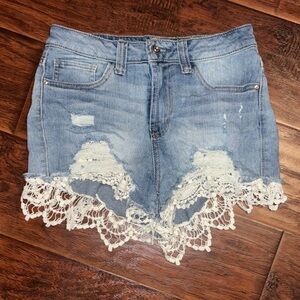 No Boundaries Light Blue Jean Shorts with White Lace Trim
